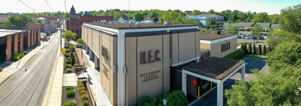 drone photo of the HEC Harrisonburg Electric Commission exterior building