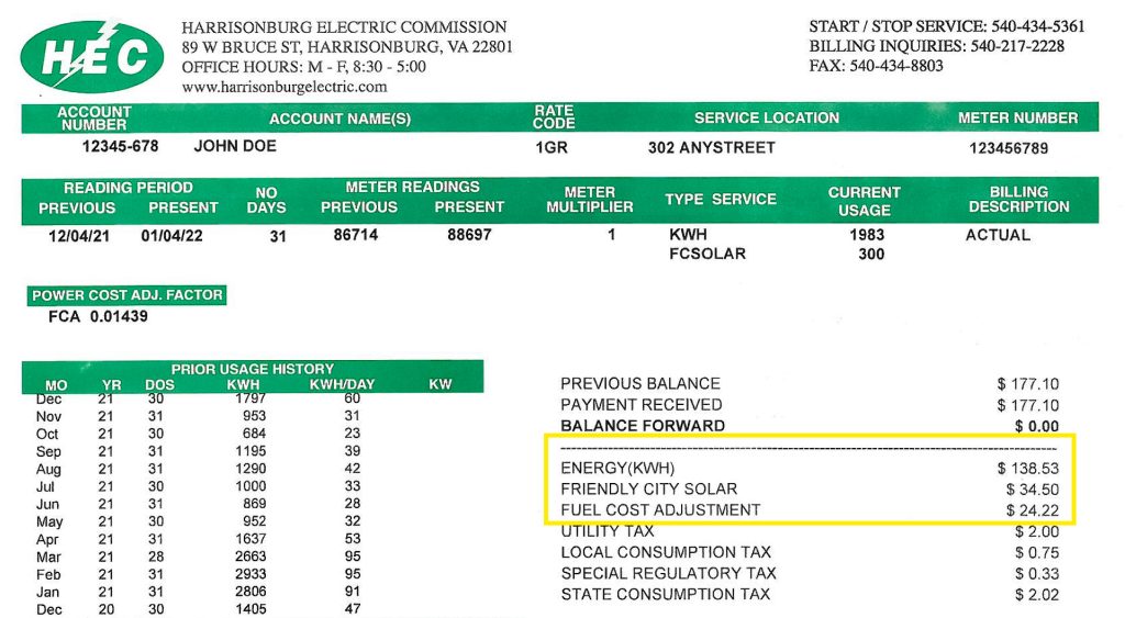 Solar Bill Example - Costs Solar Bill Example - Costs